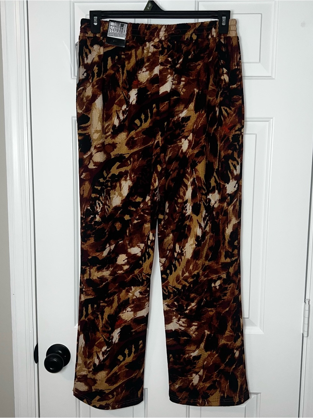Soho Apparel Brown Multi-Print Wide Leg Pull-On Pants Medium Drawstring